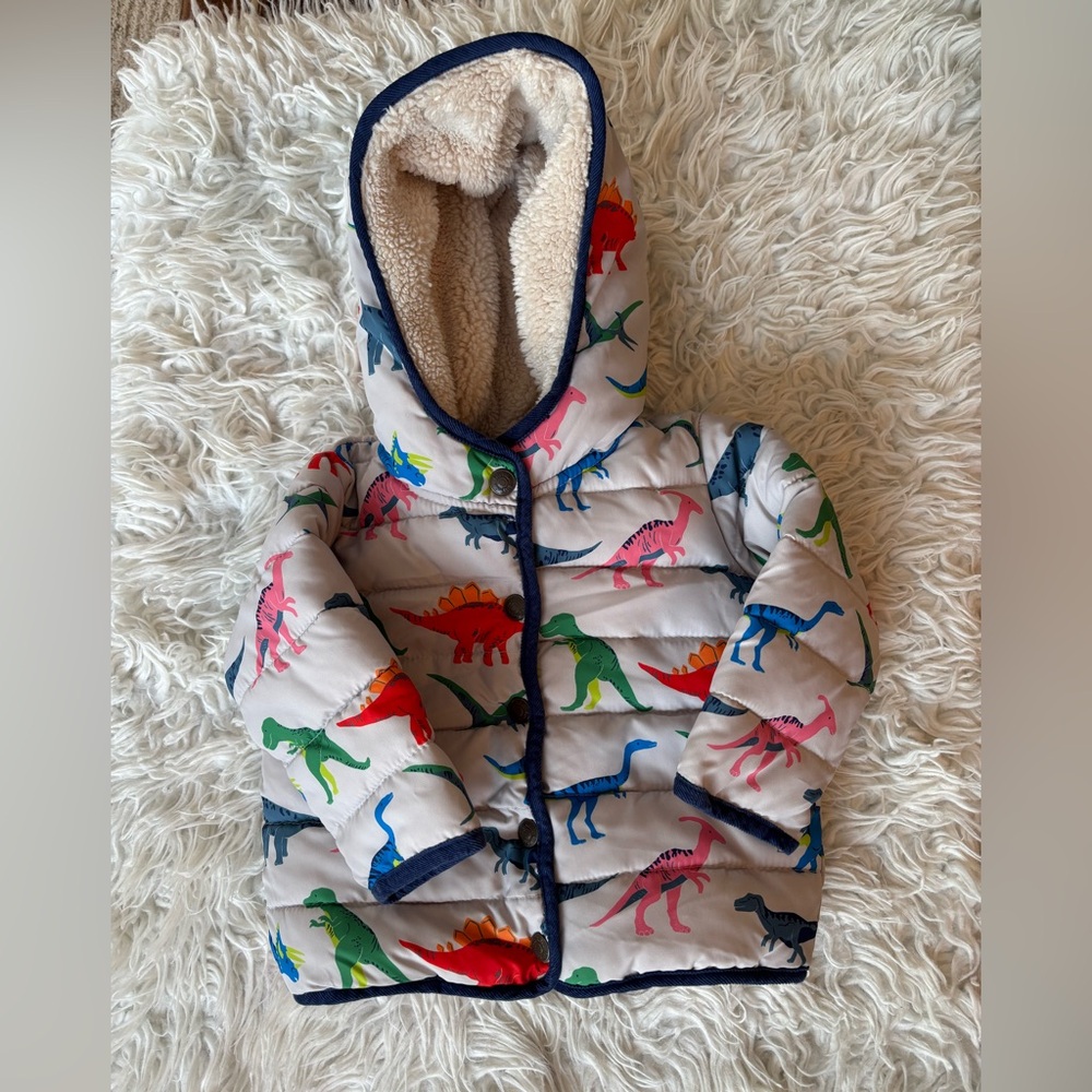 Baby Boden Dinosaur Sherpa Lined Puffer Coat Size 6-12 Months